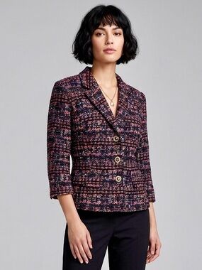 St. John Black Mulitcolor Tweed 3/4 Sleeve Blazer, Size 14